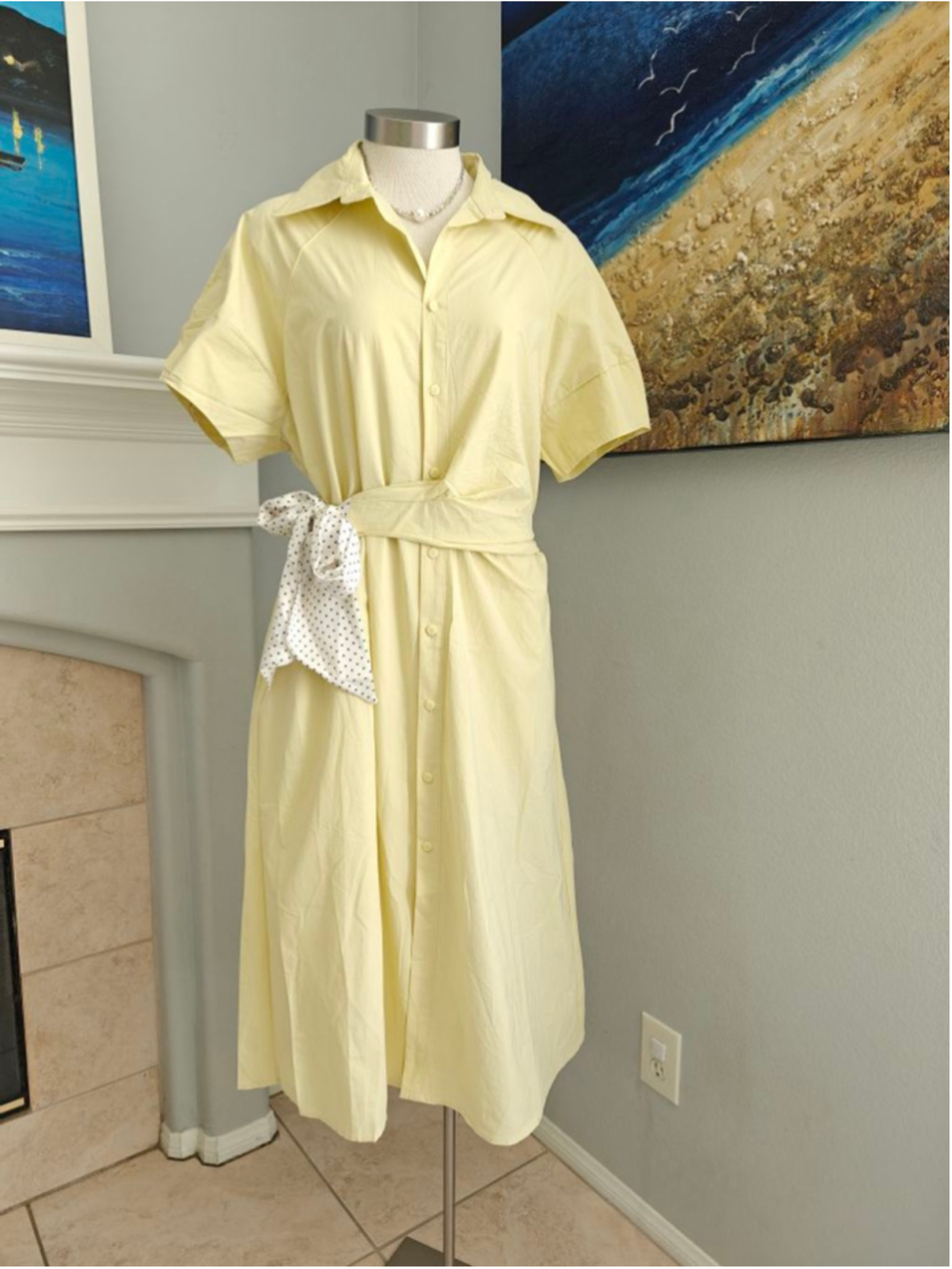 Women's Yellow Midi Dress with White Polka Dot Belt